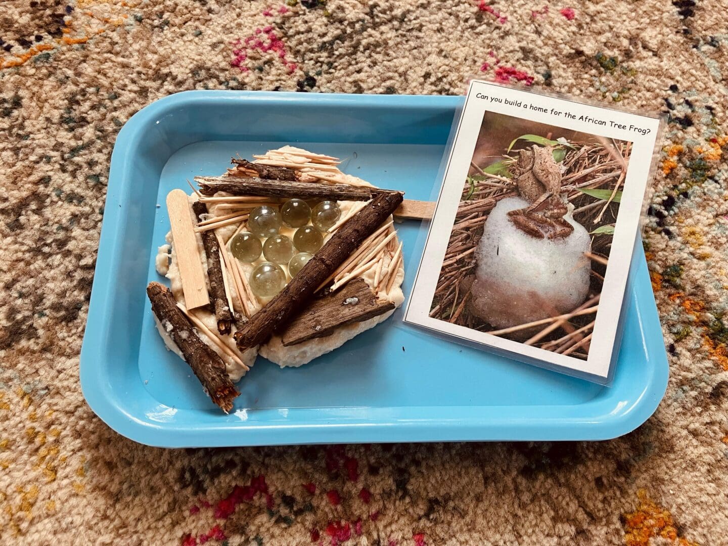 A blue tray with some food and a card